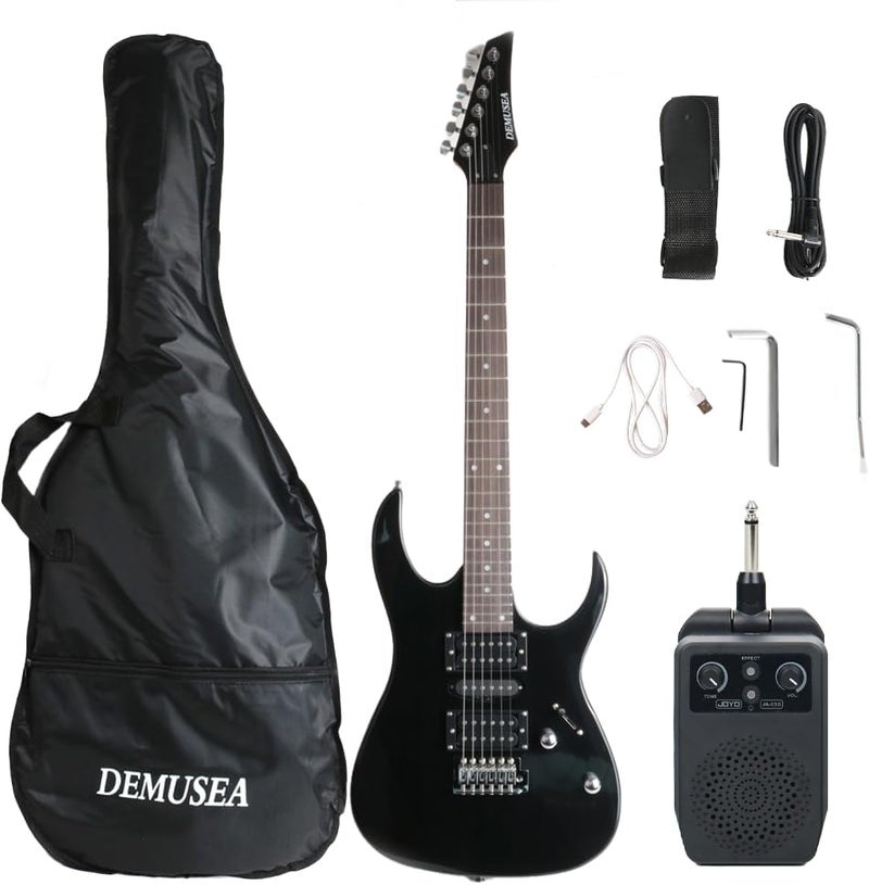demusea Full size electric guitar kit package 24fret black color HSH pickups single tremolo bridge portable 5W rechargeable amplifier travel amp set practice for beginner starter with strap gigbag bundle - Image 1